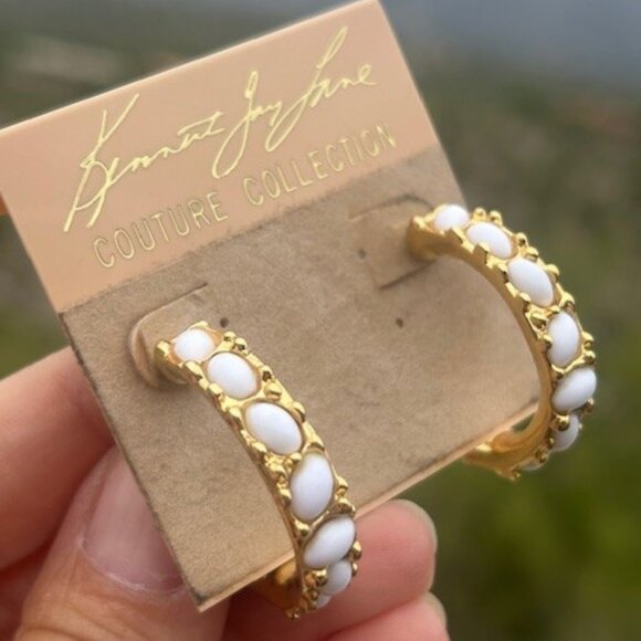 KJL Kenneth Jay Lane Couture Collection Gold Hoop White Stone EARRINGS - Picture 1 of 9